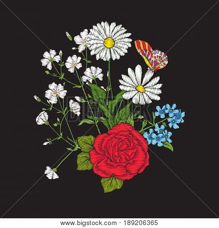 Embroidery. Bouquet with roses and daisies. Traditional European pattern. Stock line vector illustration.