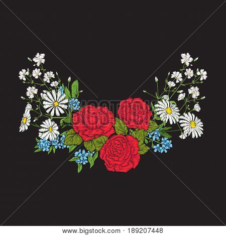 Embroidery. Bouquet with roses and daisies. Traditional European pattern. Stock line vector illustration.