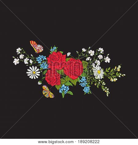 Embroidery. Bouquet with roses and daisies. Traditional European pattern. Stock line vector illustration.