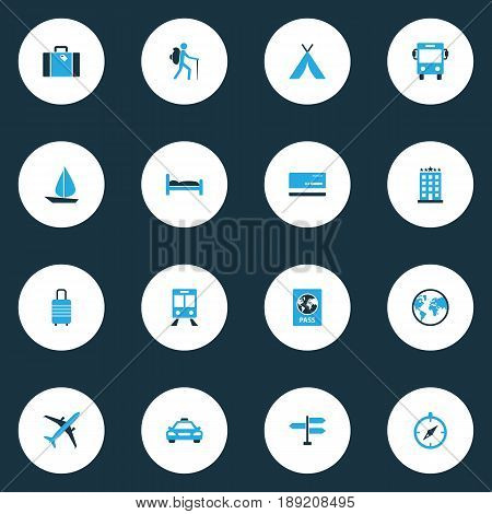 Journey Colorful Icons Set. Collection Of Hotel, Bed, Suitcase And Other Elements. Also Includes Symbols Such As Document, Bank, Doss.