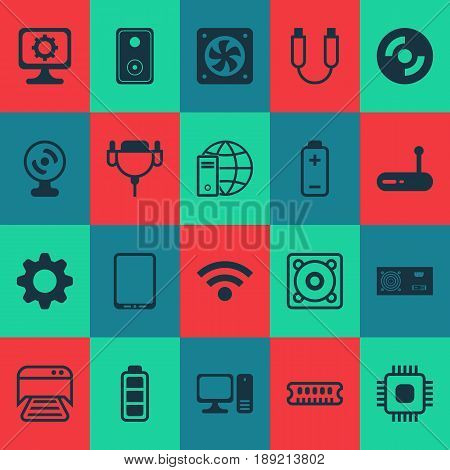 Hardware Icons Set. Collection Of Power Generator, Dynamic Memory, Printed Document And Other Elements. Also Includes Symbols Such As Wifi, Loudspeaker, Hardware.