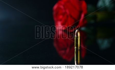 Bullet and red rose the black mirror background