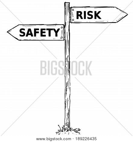 Vector cartoon doodle hand drawn crossroad wooden direction sign with two arrows pointing left and right as risk or safety decision guide
