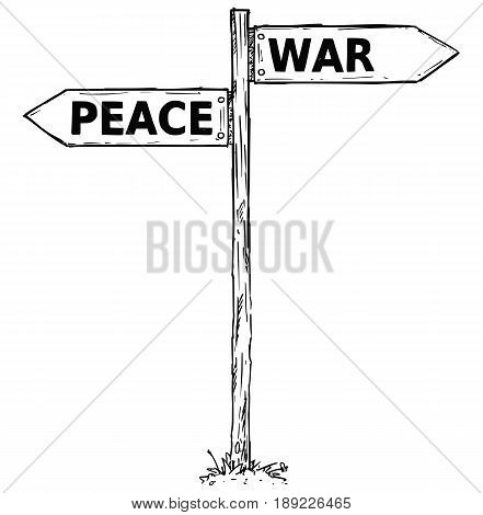 Vector cartoon doodle hand drawn crossroad wooden direction sign with two arrows pointing left and right as war or peace decision guide