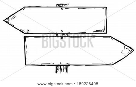 Vector cartoon doodle hand drawn crossroad wooden direction sign with two arrows pointing left and right as decision guide