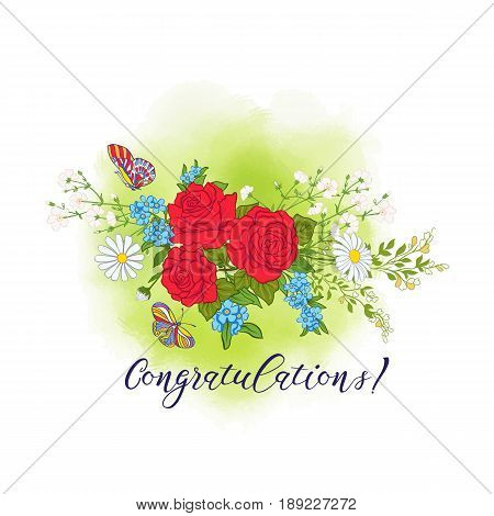 Bouquet with roses and daisies. Traditional European pattern. Stock line vector illustration. Good for postcard