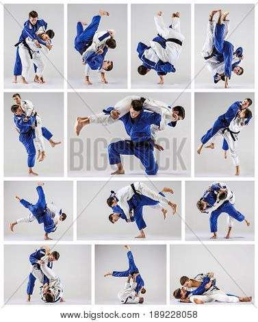The two judo fighters fighting on gray studio background. Collage