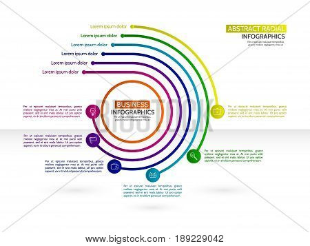 Minimal style circle infographic template with six steps. Thin line circle design for infographic with icons and text boxes. Vector illustration esp10