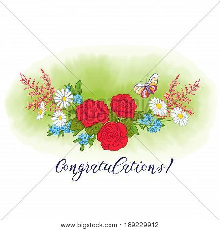 Bouquet with roses and daisies. Traditional European pattern. Stock line vector illustration. Good for postcard