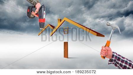 Digital composite of Digital composite image of hands using tools to make home against cloudy sky