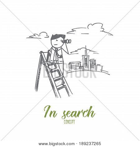 Vector hand drawn In search concept sketch. Man standing at ladder and looking from binoculars afar