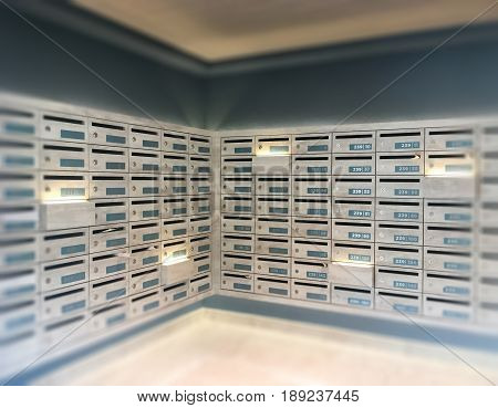 Mail Boxes Postal Corner In Apartment stock photo