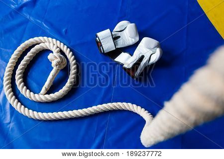 Sports Rope On The Background Of Boxing Gloves And A Punching Bag. Sports Equipment