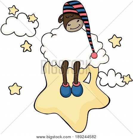 Scalable vectorial image representing a cute sheep sleeping on a star, isolated on white.