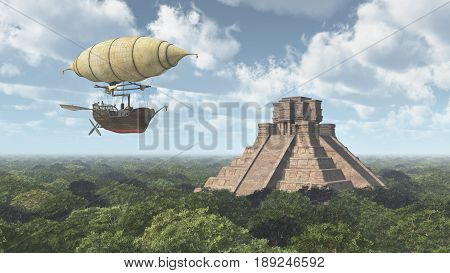Computer generated 3D illustration with fantasy airship and Mayan temple