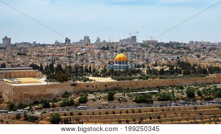 Jerusalem panoramic aerial view. Jerusalem is most sacred place for religious people christians muslims and jews.