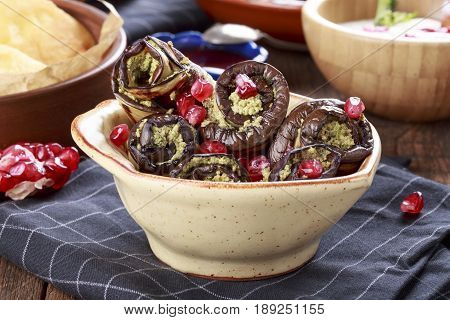 Fried Eggplant with Walnut Sauce. Badridzhani. Georgian cuisine.