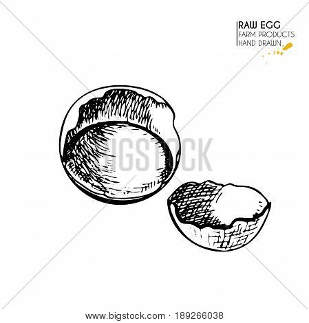 Vector hand drawn set of farm products. Isolated hen scrumbled egg. Engraved art. Organic sketched farming meal. Use for restaurant, breackfast menu, grocery, market, store, party