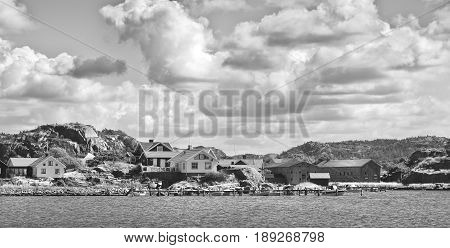 A Swedish Coastal and Fishing Village. Picture in Black and White.