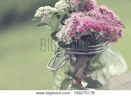 Summer flowers beautifully arranged in a glass vase