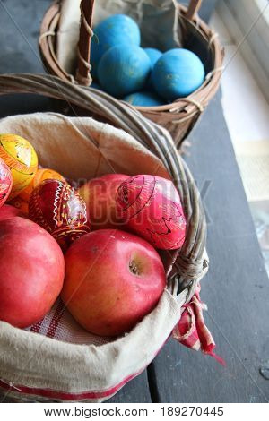 Easter eggs and natural wooden country table