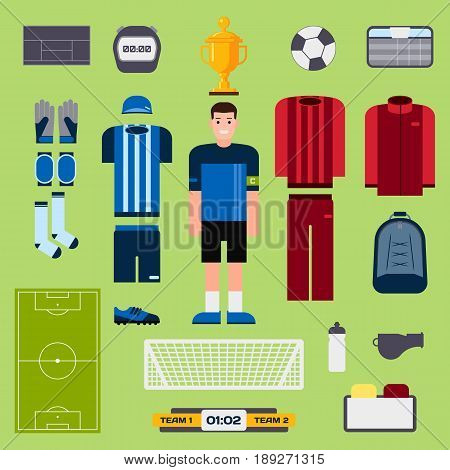 Football elements soccer player uniform clothing and symbols sport game vector illustration. Goal competition play field stadium match championship.