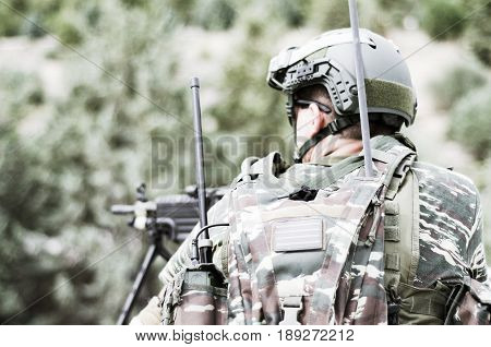 Radio Operator Aim Target With Machine Gun M 249