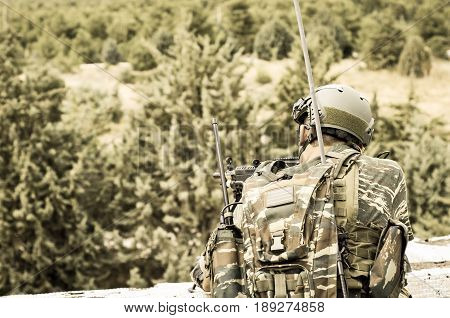 Radio Operator Aim Target With Machine Gun M 249