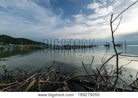 Homestay and floating basket in lake at Kohyo Songkhla Thailand with beautiful sky and clouds. This is traditional fisheries area.