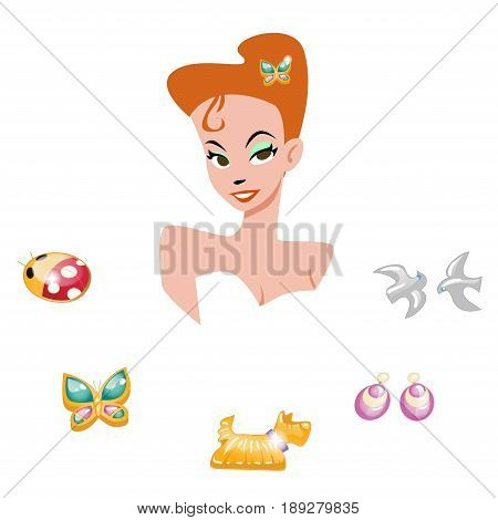 Portrait of a cartoon girl surrounded by jewelry on a white background