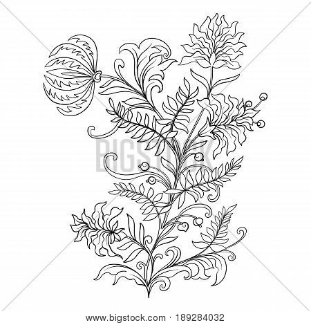 Outline vintage flowers bouquet or pattern in rococo, victorian, renaissance, baroque, royal style. Coloring page. Stock line vector illustration.