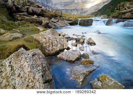 Waterfall in Ordesa National Park, Pyrenees, Huesca Province, Aragon, Spain.