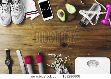 Healthy Living Lifetsyle Exercise Stuff on Wooden Table