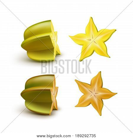 Vector sliced green, yellow, orange carambola isolated on white background