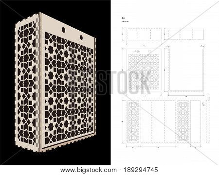 Cut out template for three bottles Wine gift slider Box or Wine Glasses Box (plywood 3 mm). Creative memory bottle pack with geometric design. Scheme is suitable for a laser cutting or printing