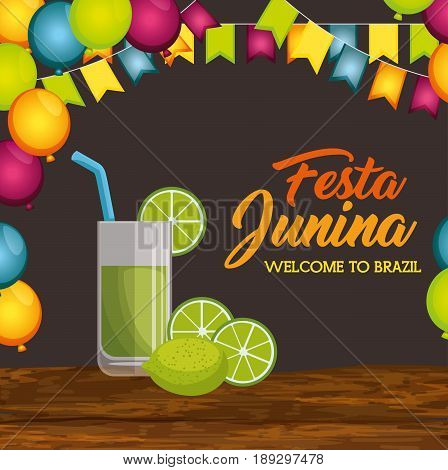 Lime juice glass on wooden table with ballons and banners over brown background vector illustration