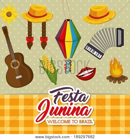 Festa junina related objects over dotted background vector illustration