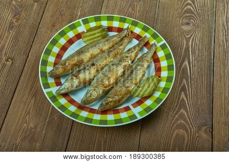 Deep Fried Turmeric traditional Smelts. close up