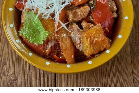 Pork Menudo - traditional Mexican soup. close up