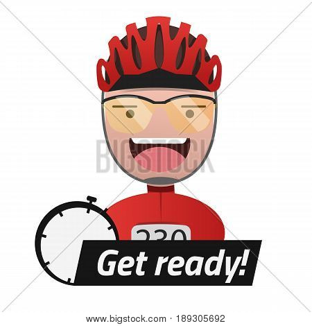 Head of the male cyclist. Title Get ready. Editable eps10 Vector. Transparent background.