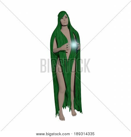 3D illustration of nude girl with long green hair and firefly in her hands isolated on white background