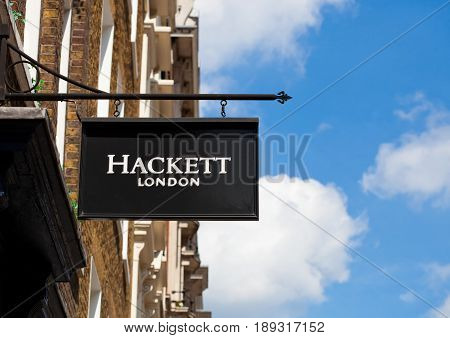 London, Uk - June 02, 2017: Hackett Logo On Black Displayfashion Outlet Store In London.