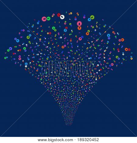Integration salute stream. Vector illustration style is flat bright multicolored iconic symbols on a blue background. Object explosion fountain organized from random design elements.