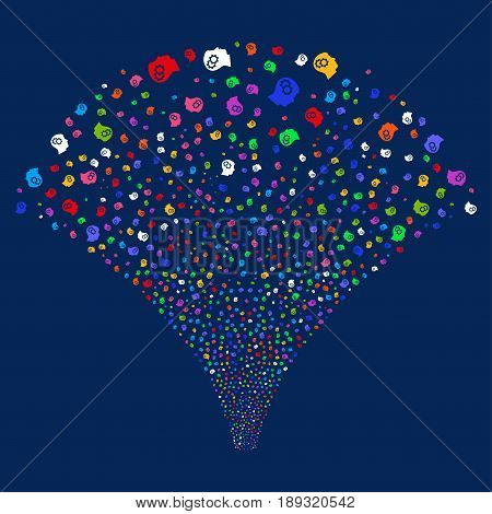 Intellect Gears salute stream. Vector illustration style is flat bright multicolored iconic symbols on a blue background. Object explosion fountain created from random pictographs.