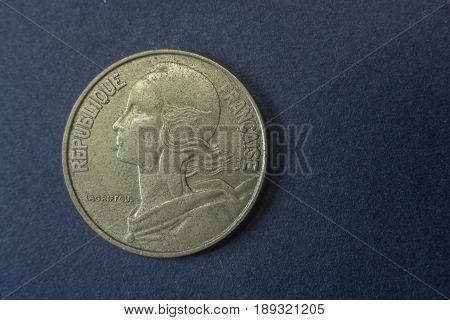 Twenty Centimes Of Franc France 1962 Head Coin, Vintage Old, Difficult And Rare To Find.