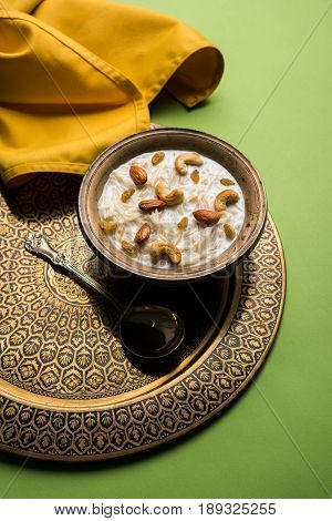 Most famous Indian sweet pudding Kheer or semiya khir in a bowl.Selective focus