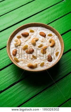 Most famous Indian sweet pudding Kheer or semiya khir in a bowl.Selective focus
