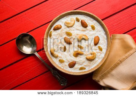 Most famous Indian sweet pudding Kheer or semiya khir in a bowl.Selective focus
