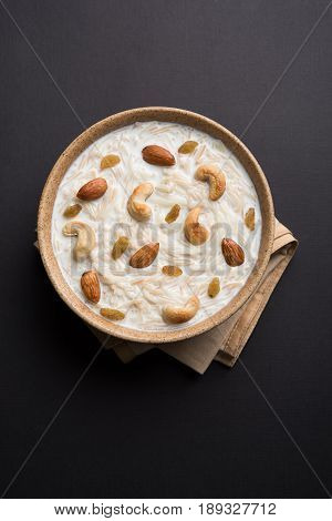 Most famous Indian sweet pudding Kheer or semiya khir in a bowl.Selective focus