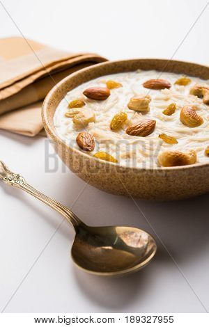 Most famous Indian sweet pudding Kheer or semiya khir in a bowl.Selective focus
